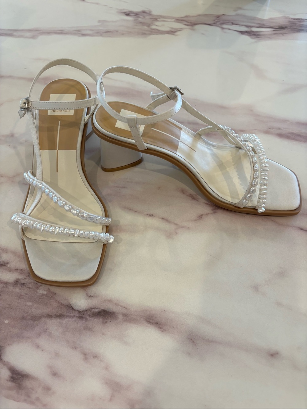 Dolce Vita white pearl-embellished block heel sandals
